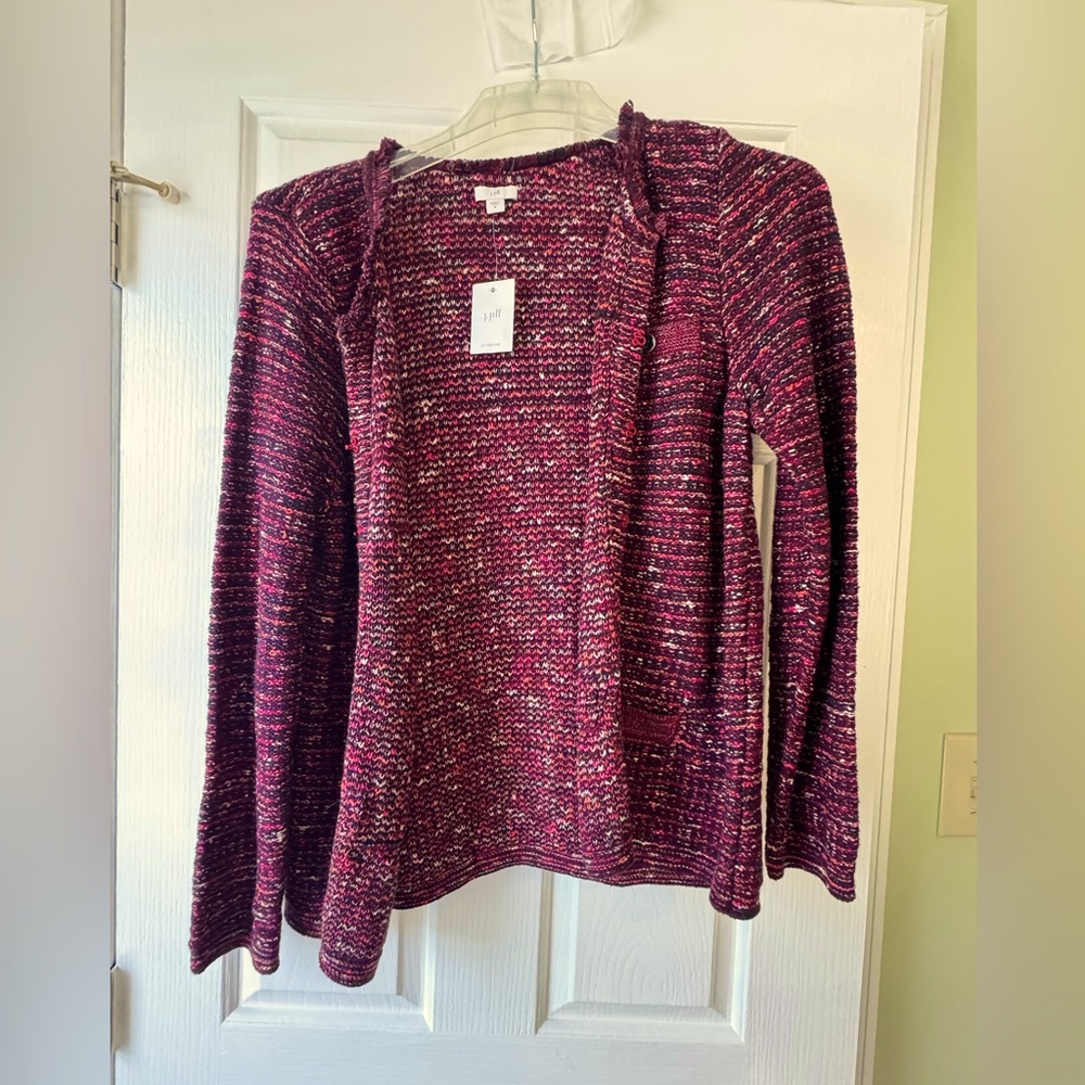 J. JILL Women's Tweed Knit Purple and Pink Frayed Neck Hem Cardigan